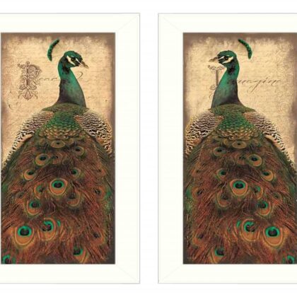 Set Of Two Peacock 1 White Framed Print Wall Art