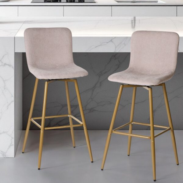 Set of Two 30" Light Taupe and Gold Fabric and Steel Bar Height Swivel Bar Chairs