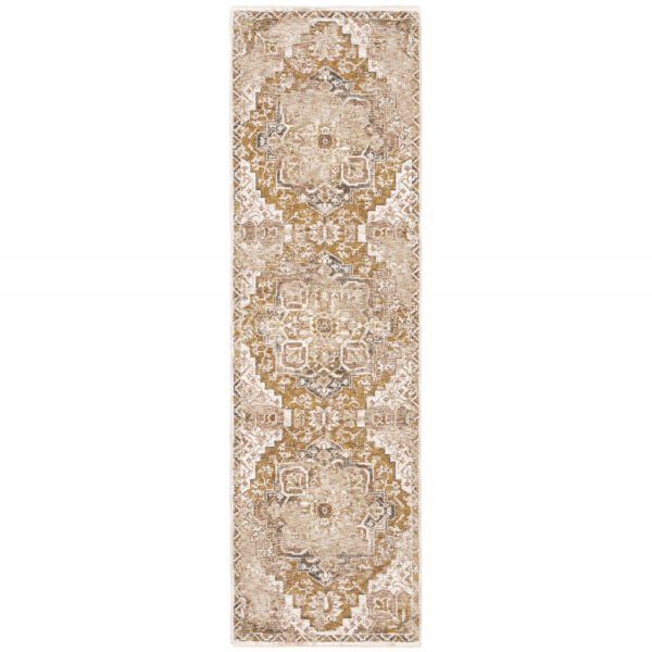 2' X 8' Gold And Ivory Oriental Power Loom Stain Resistant Runner Rug With Fringe