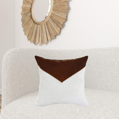 20" X 20" Brown and Ivory Geometric Faux Leather Zippered Pillow