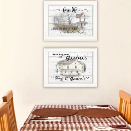 Set Of Two Stays At Grandmas and Bible Farmhouse White Framed Print Wall Art