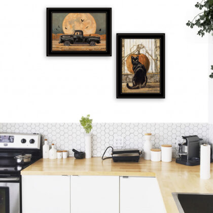Set Of Two Harvest Moon With A Black Cat And Truck 2 Black Framed Print Wall Art
