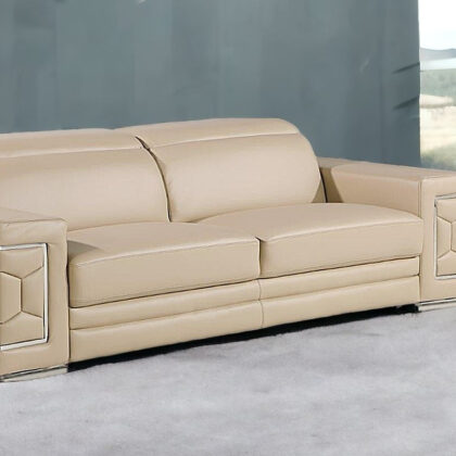 89" Beige And Silver Leather Sofa