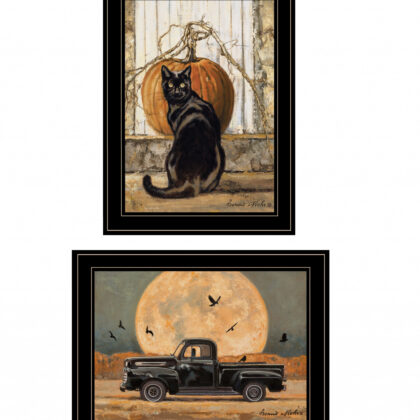 Set Of Two Harvest Moon With A Black Cat And Truck 2 Black Framed Print Wall Art