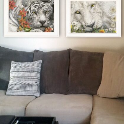 Set Of Two Tiger Lily Dandy Lion 1 White Framed Print Wall Art