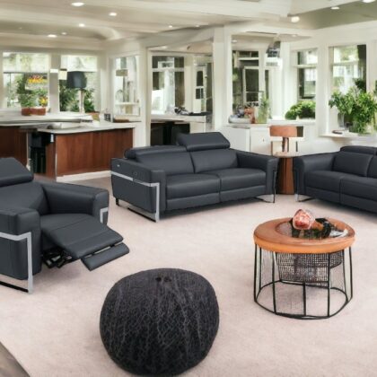 Three Piece Indoor Dark Gray Italian Leather Six Person Seating Set
