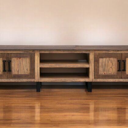 93" Brown Solid Wood Cabinet Enclosed Storage Distressed TV Stand