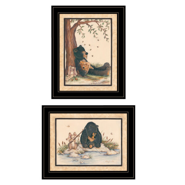 Set Of Two Gone Fishing Whimsical Honey Bear and Bunny Black Framed Prints Wall Art
