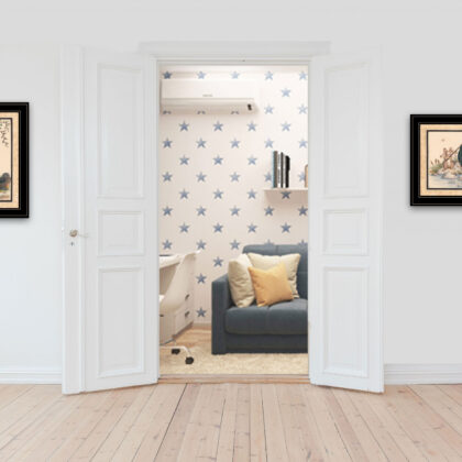 Set Of Two Gone Fishing Whimsical Honey Bear and Bunny Black Framed Prints Wall Art