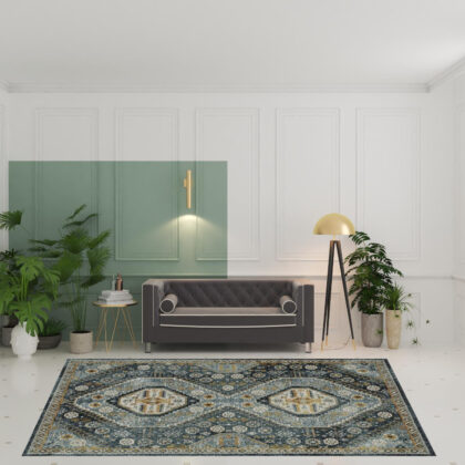 8' X 11' Blue Gold Ivory And Navy Oriental Power Loom Stain Resistant Area Rug With Fringe