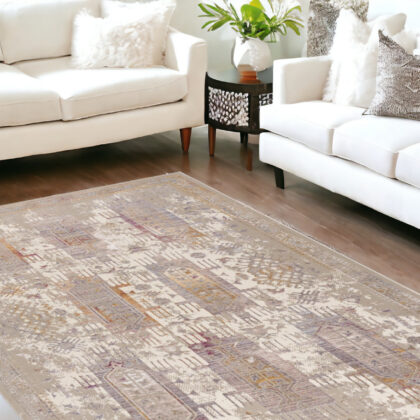9' x 12' Beige and Ivory Oriental Power Loom Washable Non Skid Area Rug