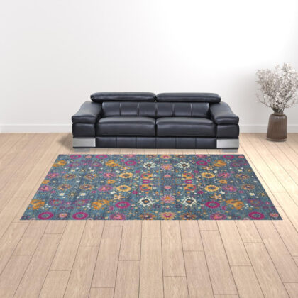 9' x 12' Blue Floral Power Loom Area Rug