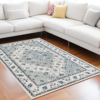 9' x 12' Blue and Ivory Wool Floral Hand Tufted Area Rug