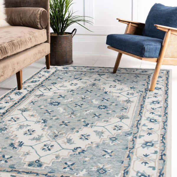 9' x 12' Blue and Ivory Wool Floral Hand Tufted Area Rug