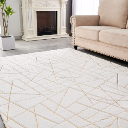 8' x 11' White and Gold Faux Fur Abstract Shag Non Skid Area Rug