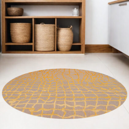 8' Gray and Orange Round Abstract Non Skid Area Rug