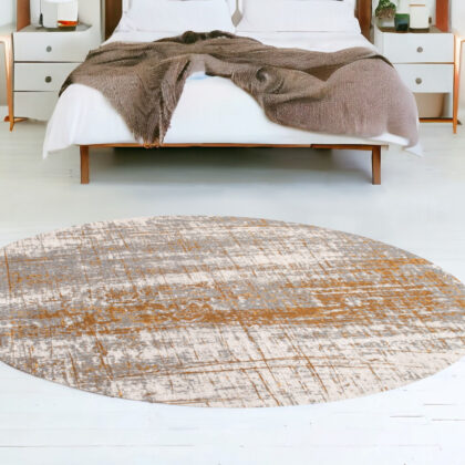 8' Gray and Gold Round Abstract Non Skid Area Rug