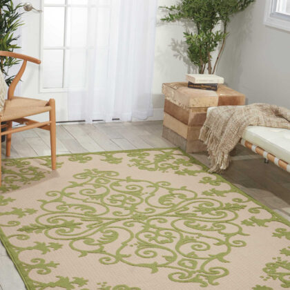 10' X 13' Green Damask Non Skid Indoor Outdoor Area Rug