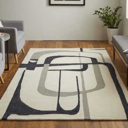 12' X 15' Ivory Gray And Black Wool Abstract Tufted Handmade Area Rug