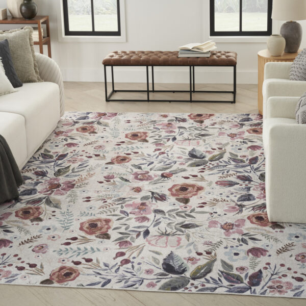 5' x 7' Ivory Pink and Green Floral Power Loom Washable Non Skid Area Rug