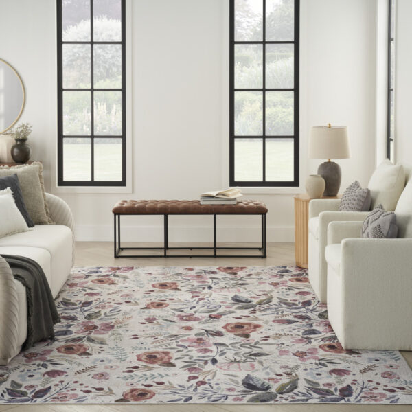 5' x 7' Ivory Pink and Green Floral Power Loom Washable Non Skid Area Rug