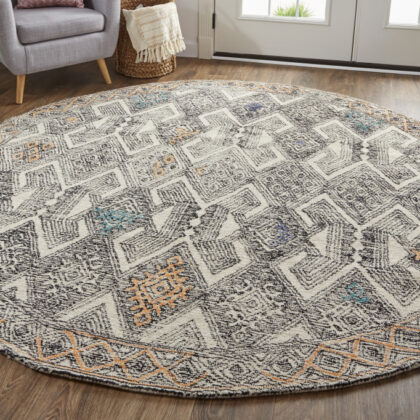 8' Black Ivory And Green Round Wool Geometric Tufted Handmade Distressed Area Rug