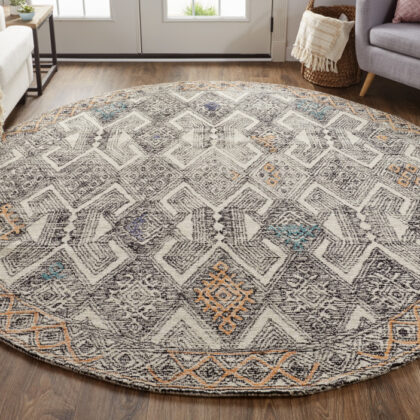 8' Black Ivory And Green Round Wool Geometric Tufted Handmade Distressed Area Rug