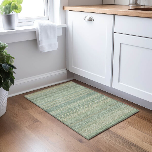 2' X 3' Artichoke Green Striped Washable Non Skid Indoor Outdoor Area Rug