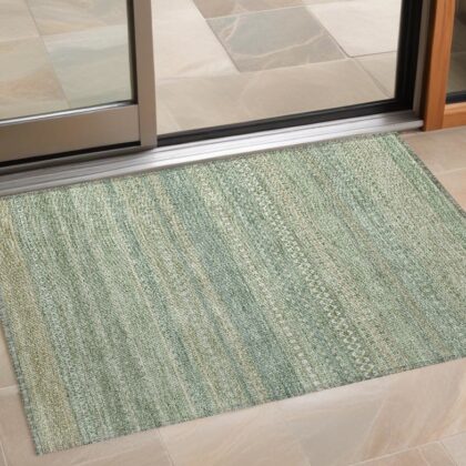 2' X 3' Artichoke Green Striped Washable Non Skid Indoor Outdoor Area Rug