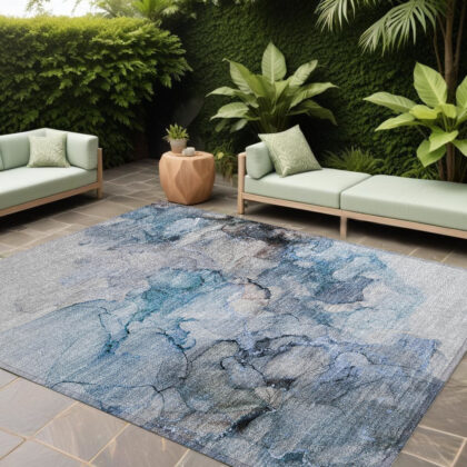 10' X 14' Blue and Gray Abstract Washable Non Skid Indoor Outdoor Area Rug