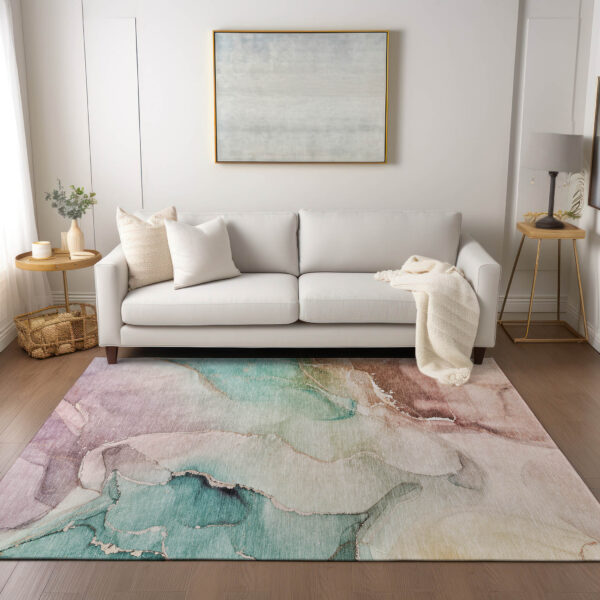 8' X 10' Teal Abstract Washable Non Skid Indoor Outdoor Area Rug