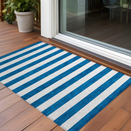 3' X 5' Navy Blue Striped Washable Non Skid Indoor Outdoor Area Rug