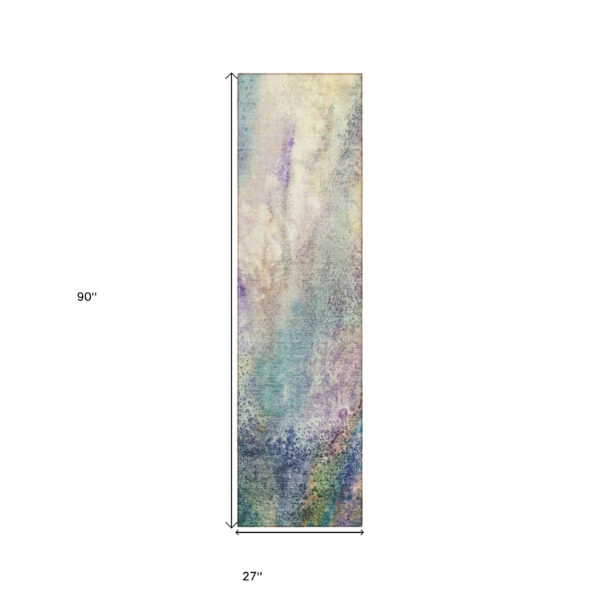 8' Runner Beige Blue and Gray Abstract Washable Non Skid Indoor Outdoor Runner Rug