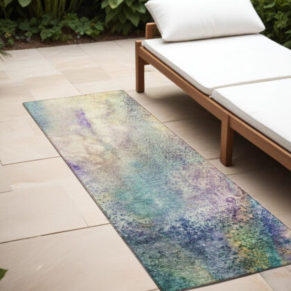 8' Runner Beige Blue and Gray Abstract Washable Non Skid Indoor Outdoor Runner Rug