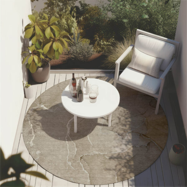 8' Round Beige Round Abstract Washable Non Skid Indoor Outdoor Area Rug