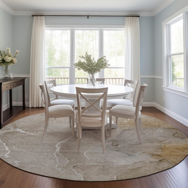 8' Round Beige Round Abstract Washable Non Skid Indoor Outdoor Area Rug