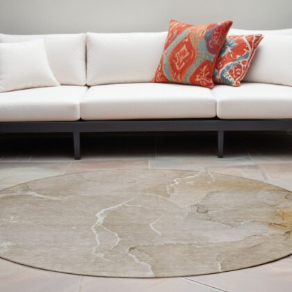 8' Round Beige Round Abstract Washable Non Skid Indoor Outdoor Area Rug