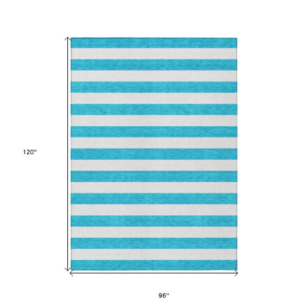 8' X 10' Teal and White Striped Washable Indoor Outdoor Area Rug