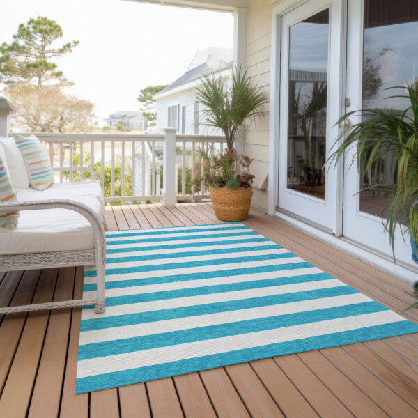 8' X 10' Teal and White Striped Washable Indoor Outdoor Area Rug