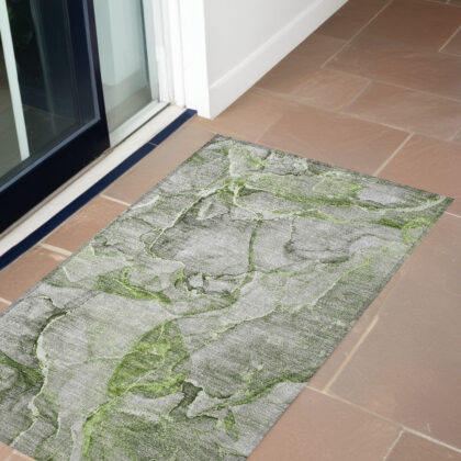2' X 3' Green Abstract Washable Non Skid Indoor Outdoor Area Rug