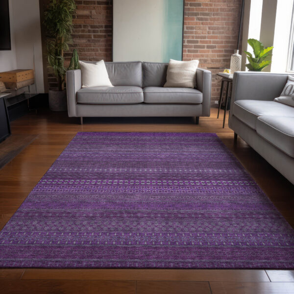 8' X 10' Eggplant Striped Washable Non Skid Indoor Outdoor Area Rug