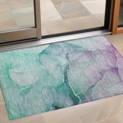 3' X 5' Green Abstract Washable Non Skid Indoor Outdoor Area Rug