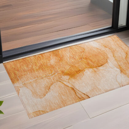 3' X 5' Orange Abstract Washable Non Skid Indoor Outdoor Area Rug