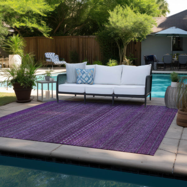 8' X 10' Eggplant Striped Washable Non Skid Indoor Outdoor Area Rug