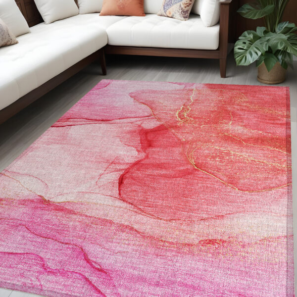 5' X 8' Pink Abstract Washable Non Skid Indoor Outdoor Area Rug