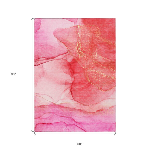 5' X 8' Pink Abstract Washable Non Skid Indoor Outdoor Area Rug