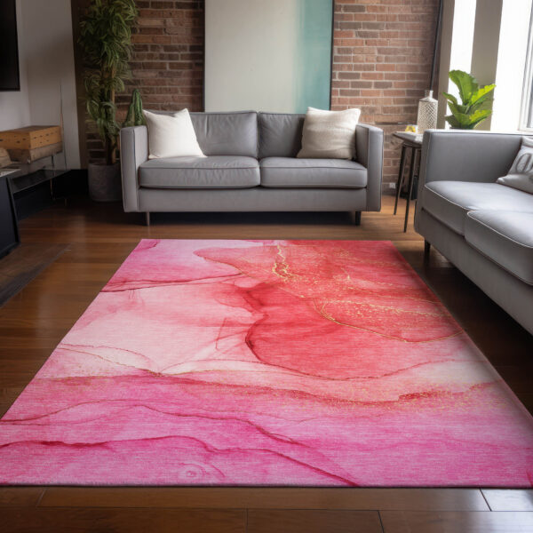 5' X 8' Pink Abstract Washable Non Skid Indoor Outdoor Area Rug