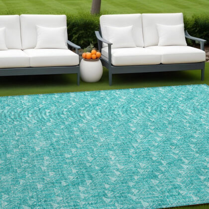 9' X 12' Turquoise Geometric Washable Non Skid Indoor Outdoor Area Rug