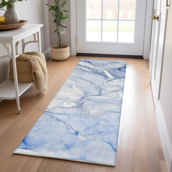 8' Runner Navy Blue Abstract Washable Non Skid Indoor Outdoor Runner Rug