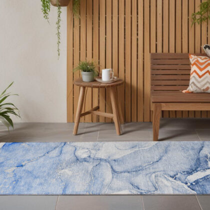 8' Runner Navy Blue Abstract Washable Non Skid Indoor Outdoor Runner Rug